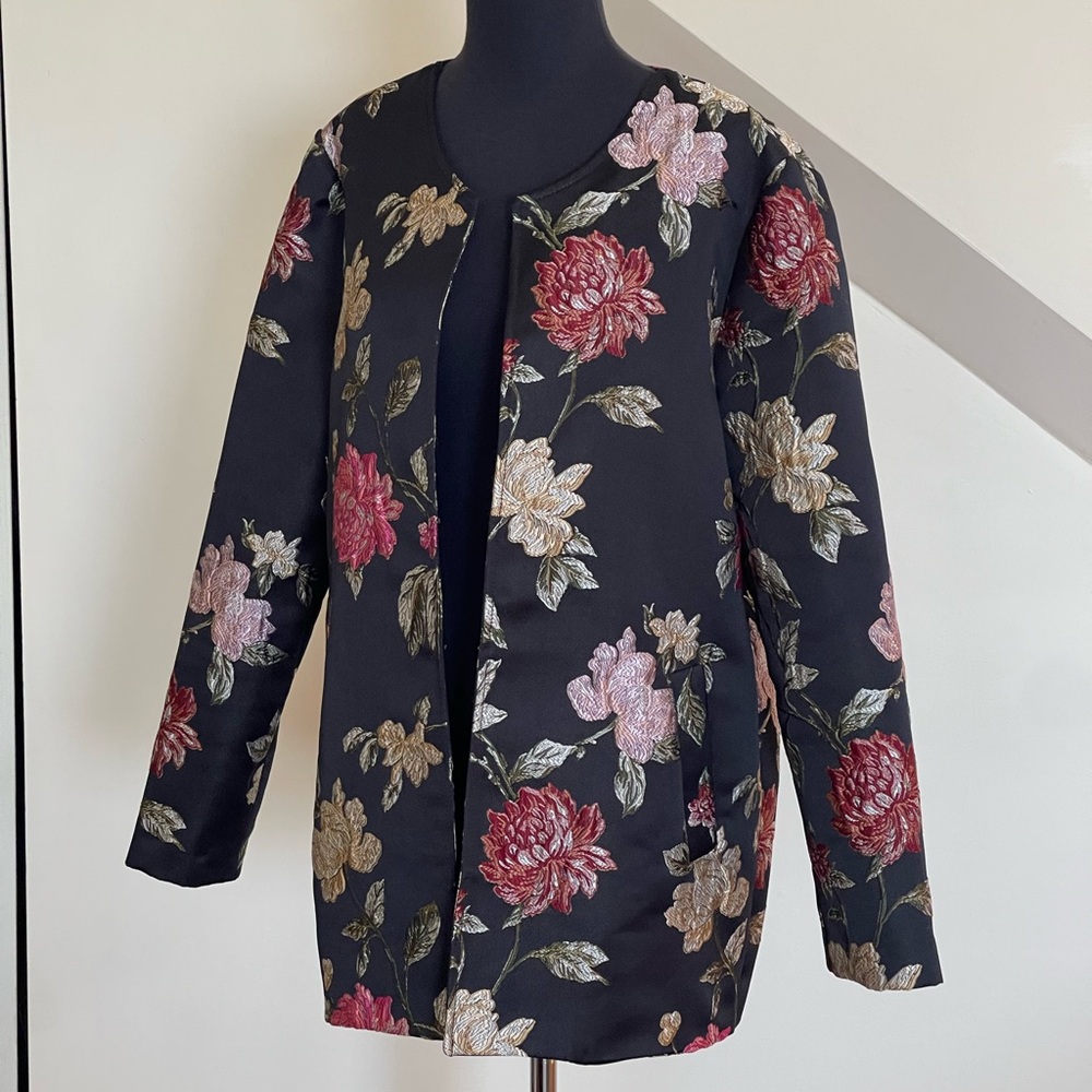 Vintage Karen Kane Black Floral Embroidered Blazer Jacket Sz M Tapestry Pockets